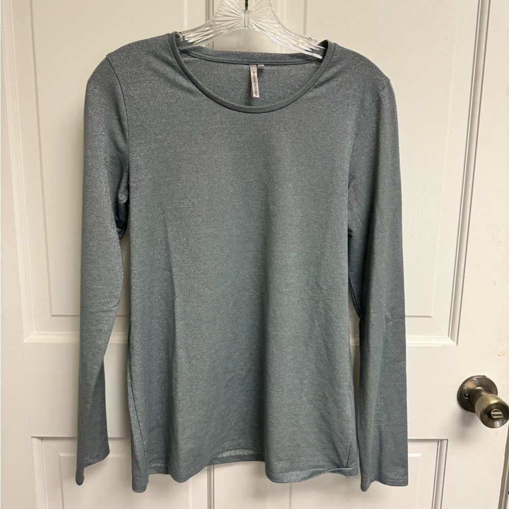 Women's sparkling silver gray green long sleeve top
